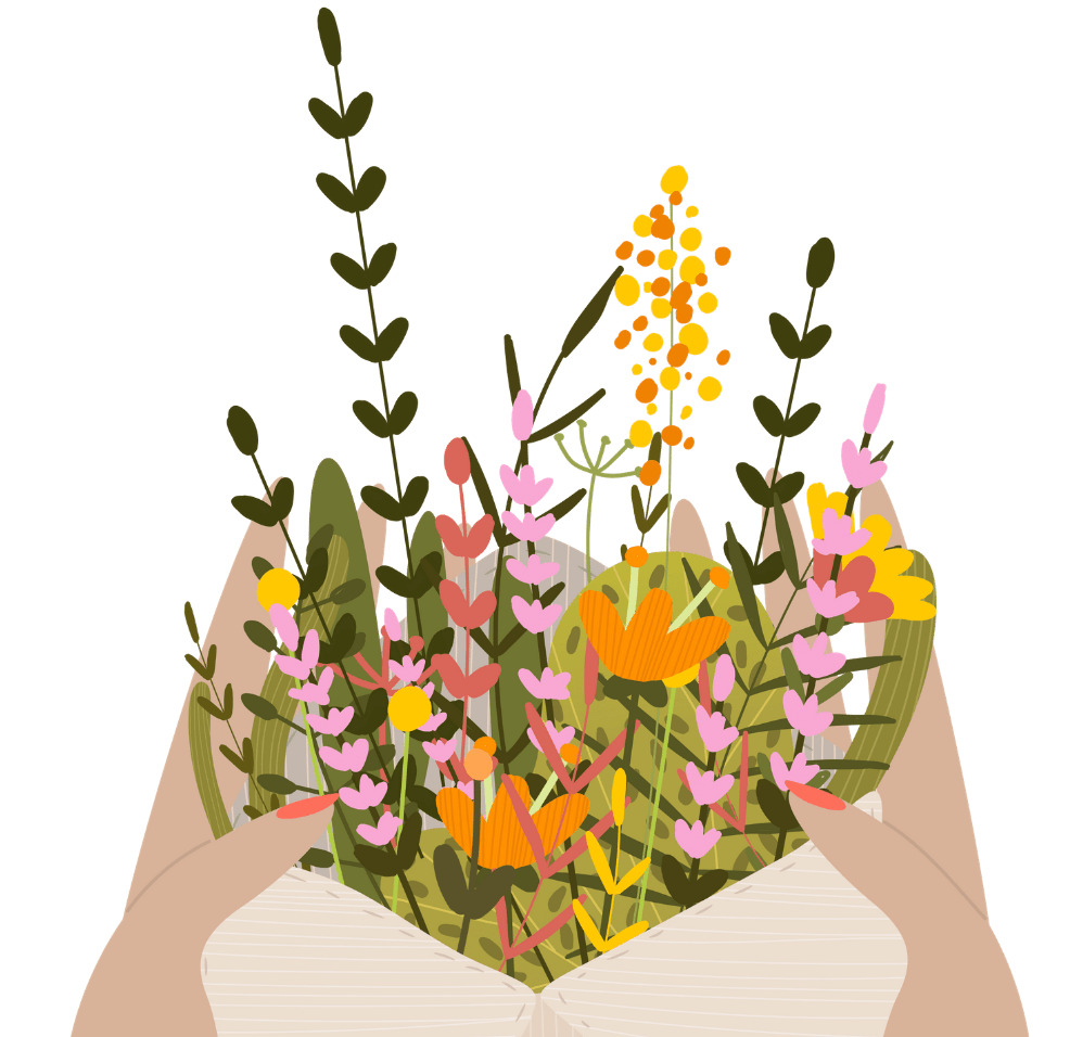 Drawing of two hands holding an envelope stuffed with summer flowers.
