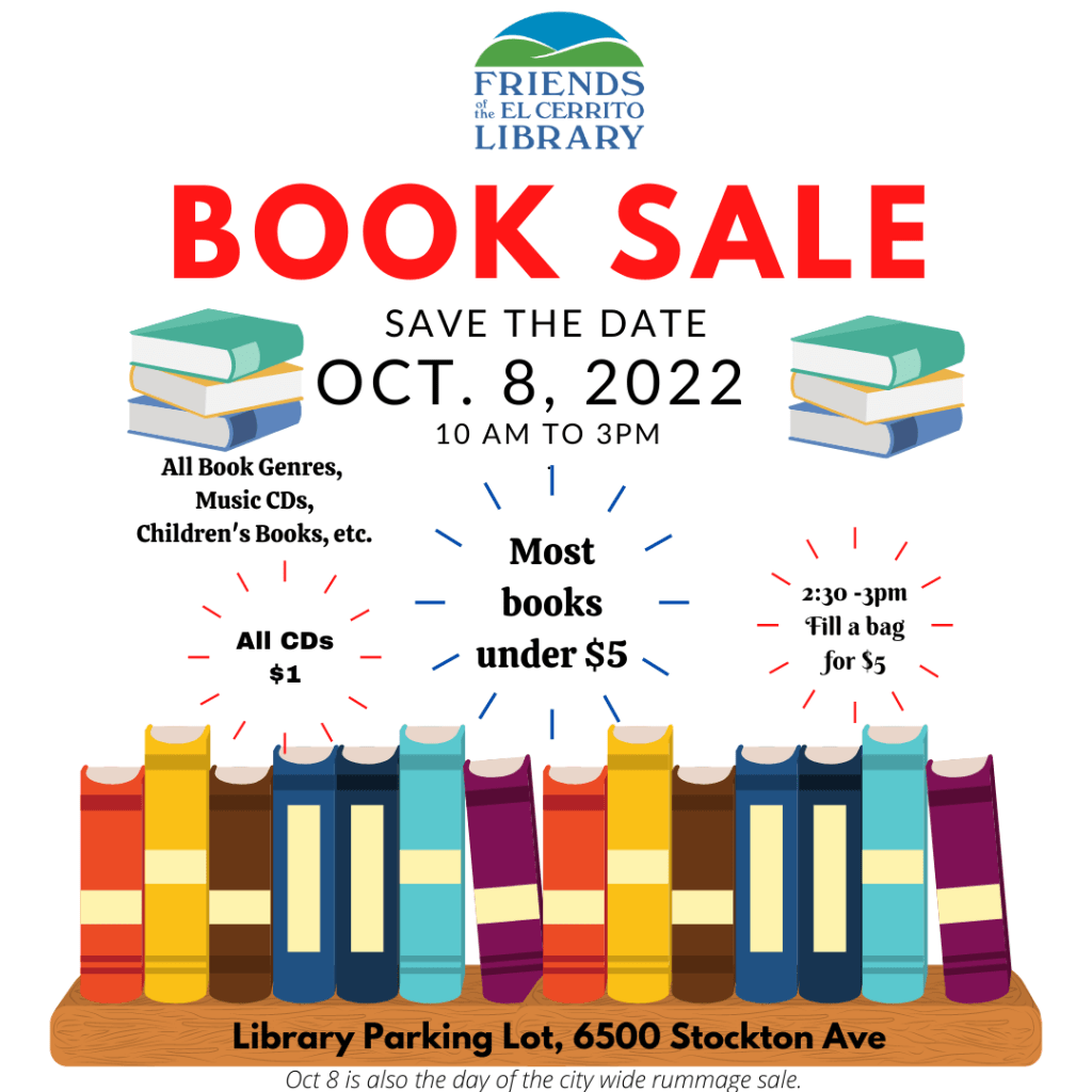 Our next book sale will be on October 8, 2022. Please be sure to save this date on your calendar. The city will also have their rummage sale on the same day, so let's party!  100% of the sales proceeds are for Library's programming and collection materials.