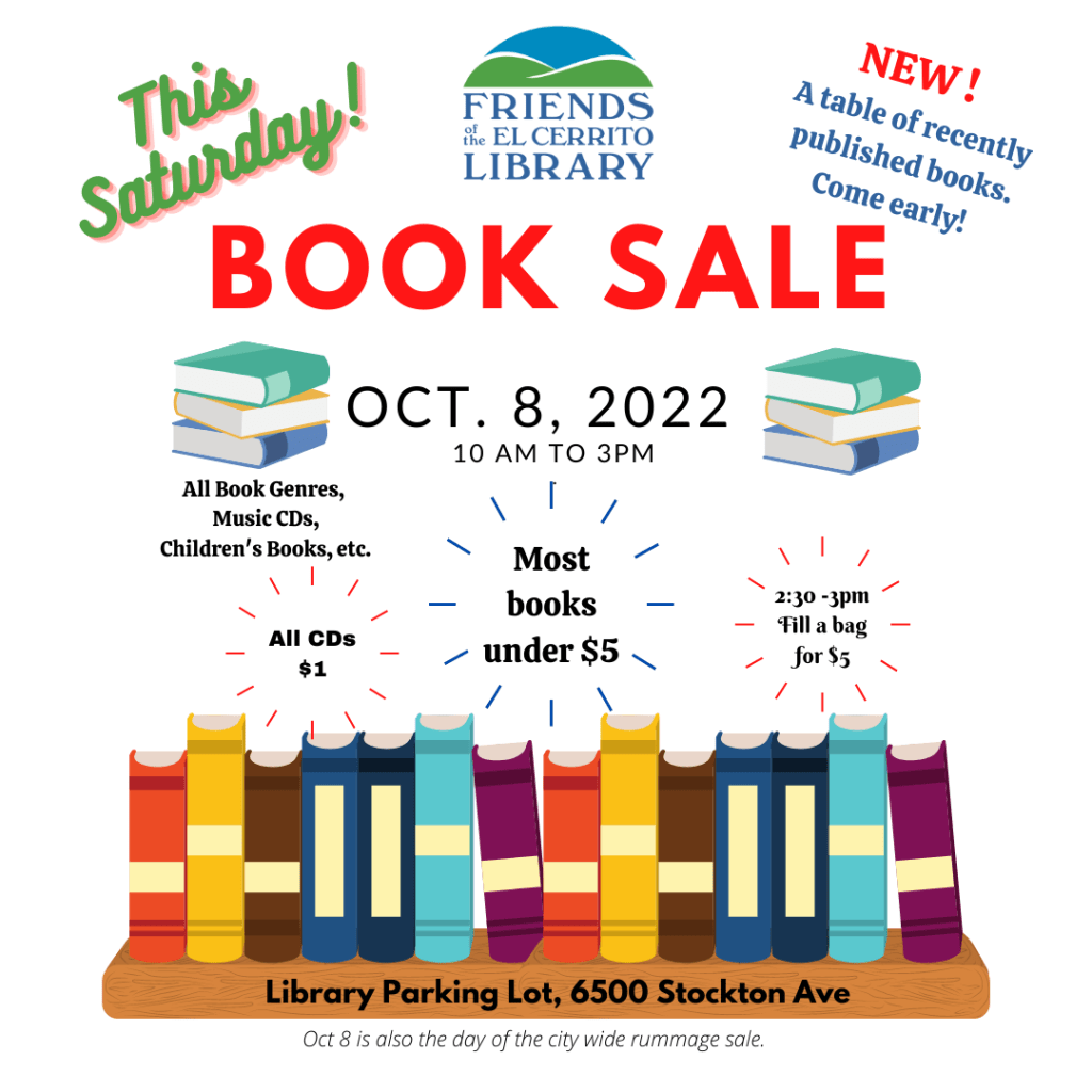 Poster of the Friends Fall 2022 Book Sale. Highlighting that it is taking place this coming Saturday and new to the sale is a table with recently published books. 