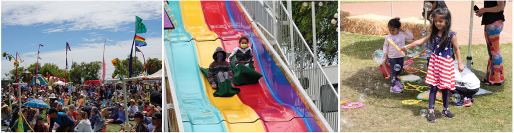 Three snapshots of activity at the July 4th WorldOne in El Cerrito: 1) crowd, 2) two kids on a slide, and 3) a kid blowing bubbles.